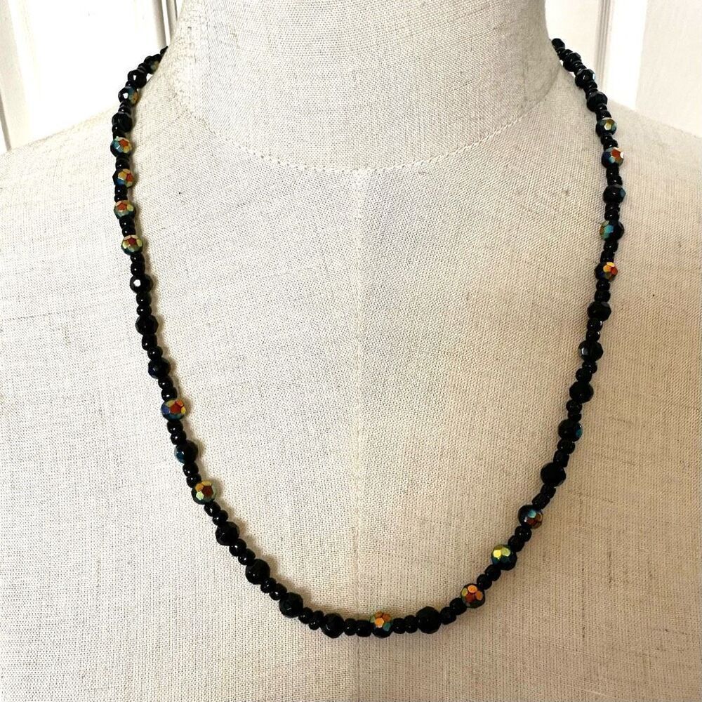 Black beaded iridescent long necklace